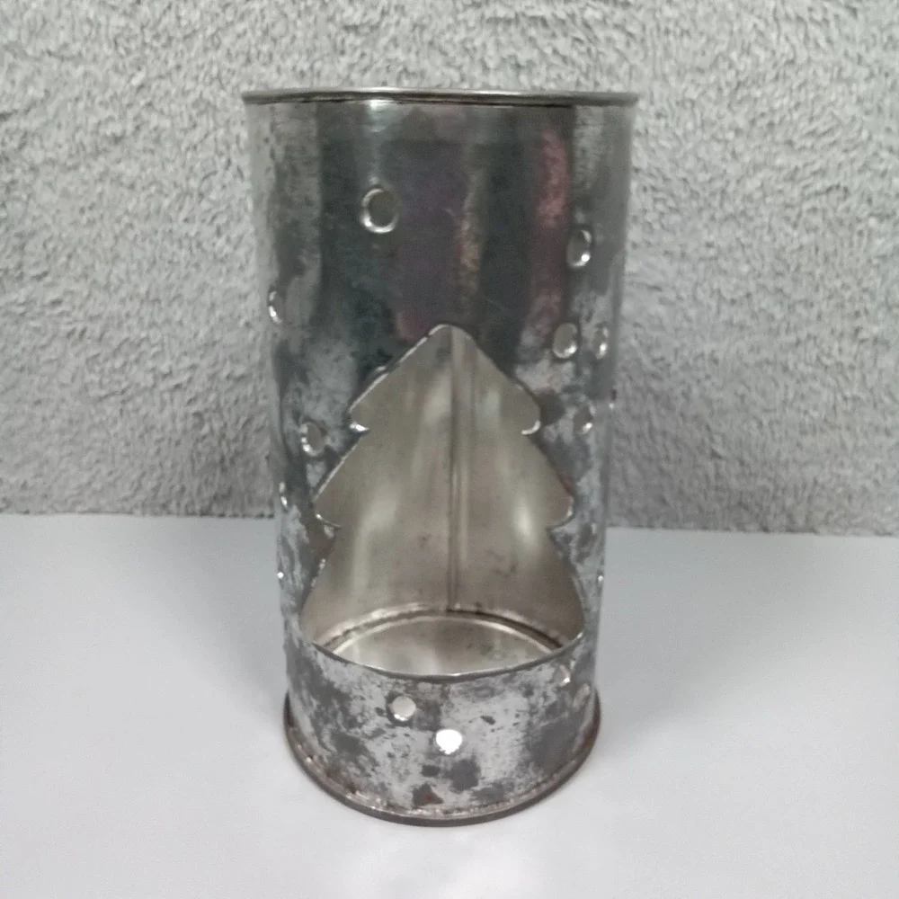 Rustic Punched Tin Christmas Tree Candle Holder Galvanized Metal‎ Lantern 7.75